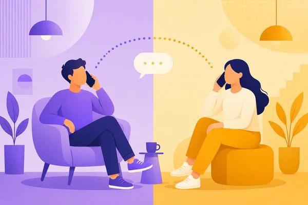 Two people having a spoken conversation on a call, with a speech bubble between them